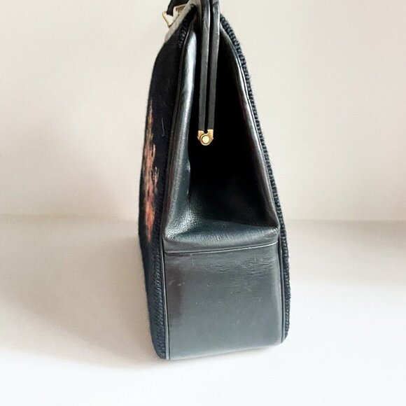 Vintage Black Colourful Floral Large Needlepoint Top Handle Bag - Picture 5 of 8